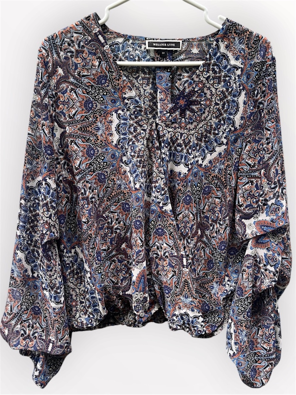 Melanie Lyne Blue Multicolor Paisley Faux-Wrap Blouse - Size 10